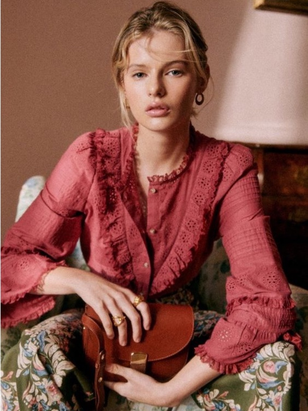 Sezane Rosewood Floral Eyelet Blouse